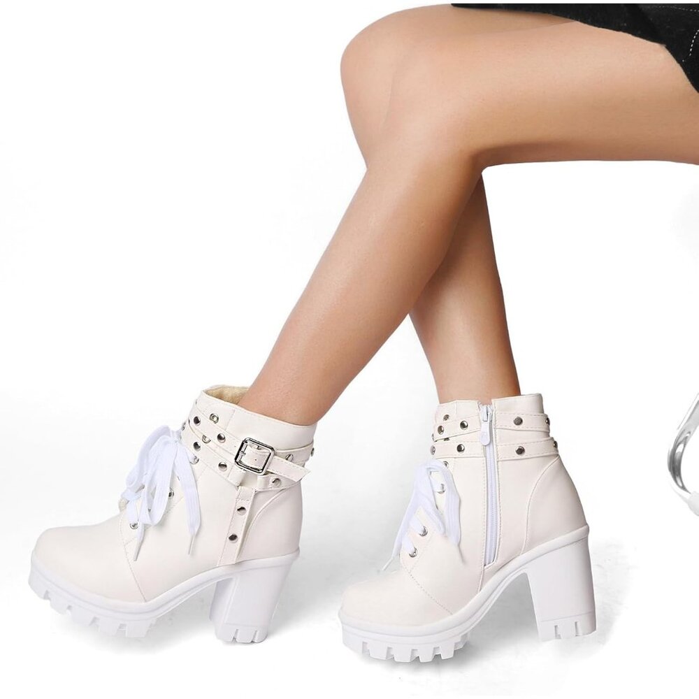 Meotina Women Chunky White Microfiber High Heel Rivets Platform Ankle Bootie - Picture 6 of 7